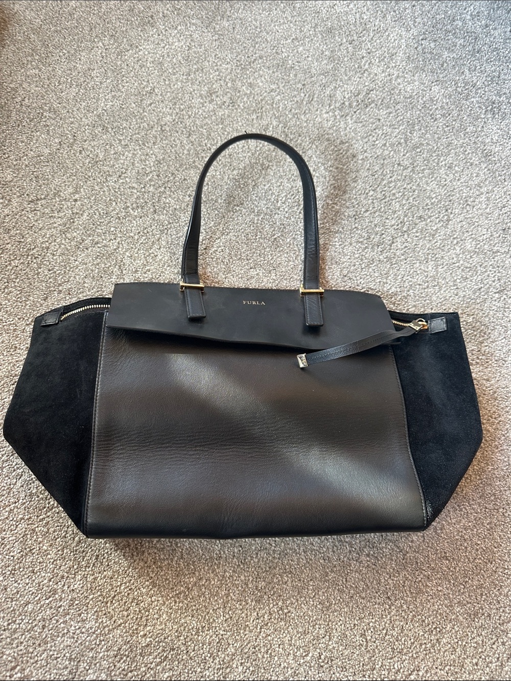 Furla Black Leather and Suede Tote with Gold Accents